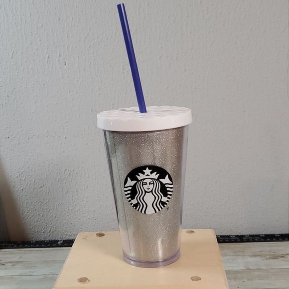 Starbucks 2016 Christmas Cold Cup 16 fl.oz. Silver Glitter Black White Melusine‎ - Picture 1 of 7